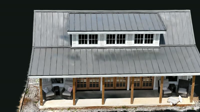Photoreal Gaussian-splat reconstruction of the pool house — near-photographic detail